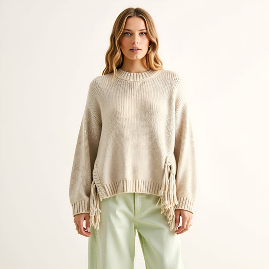 Ribbed Crewneck Sweater with Side Fringe and Relaxed Drop Shoulders