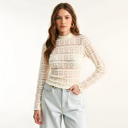 Sheer Lace Long Sleeve Top with Scalloped Mock Neck