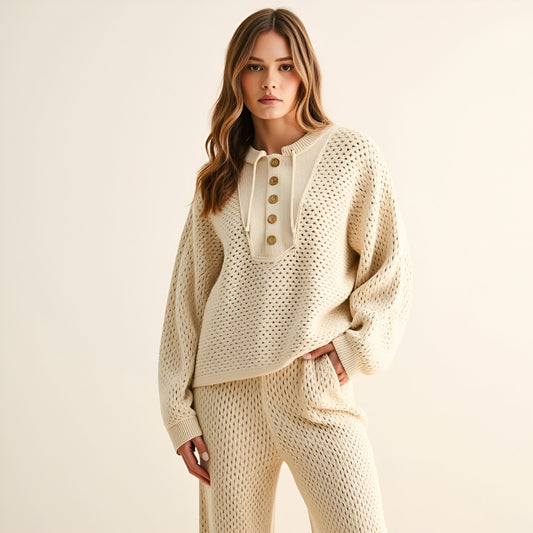Crochet Knit Henley Hoodie with Button Front Placket and Relaxed Fit