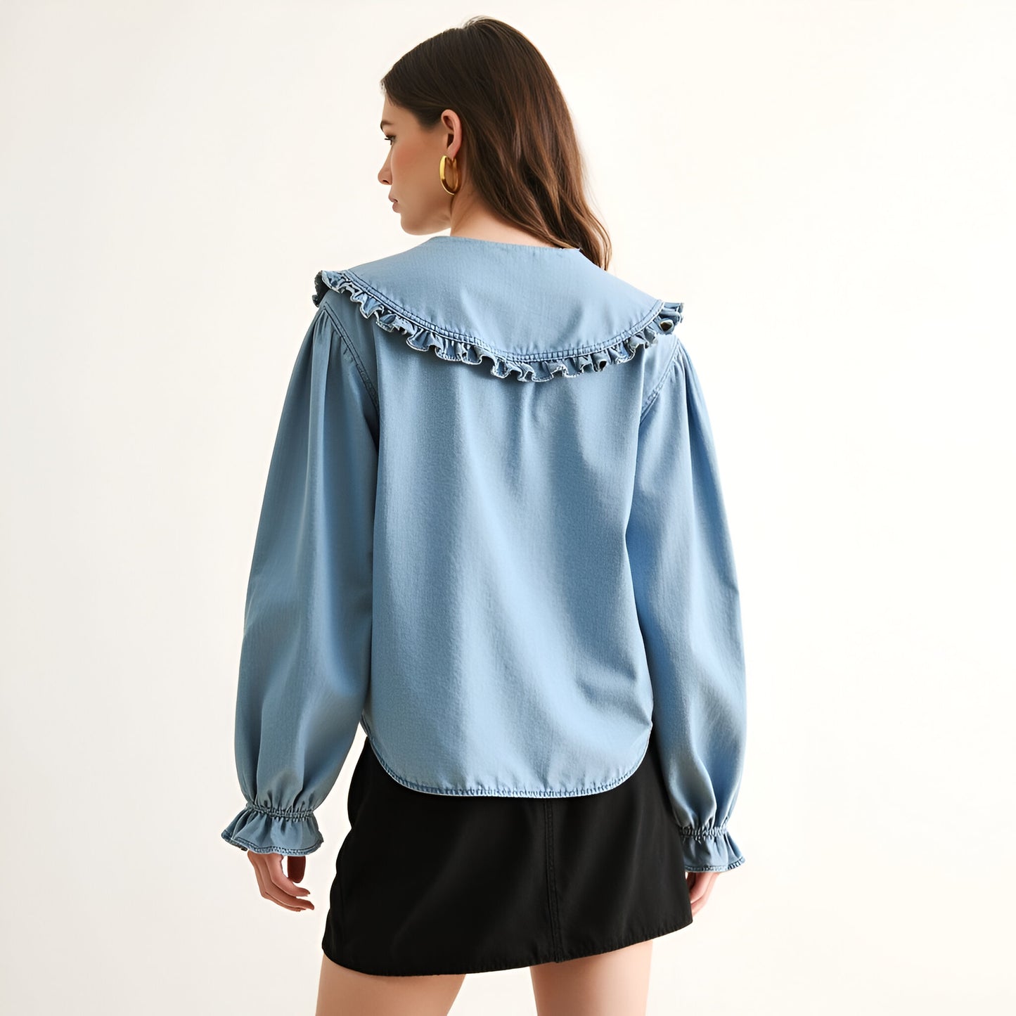 Ruffle-Collar Button-Up Denim Blouse with Smocked Cuffs