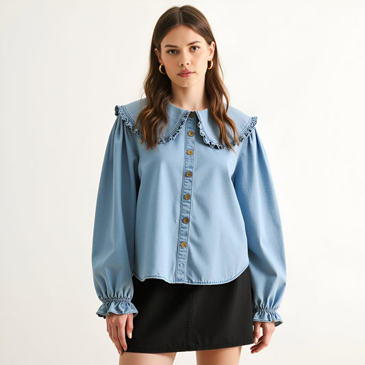 Ruffle-Collar Button-Up Denim Blouse with Smocked Cuffs