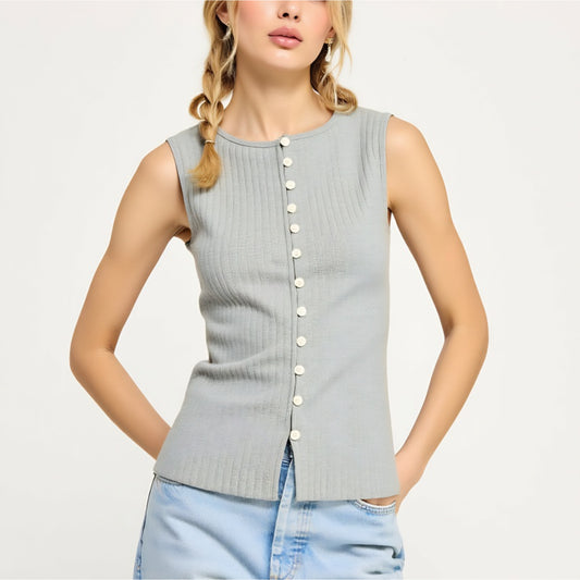 Sleeveless Ribbed Knit Top with Off-Center Button Front Detail