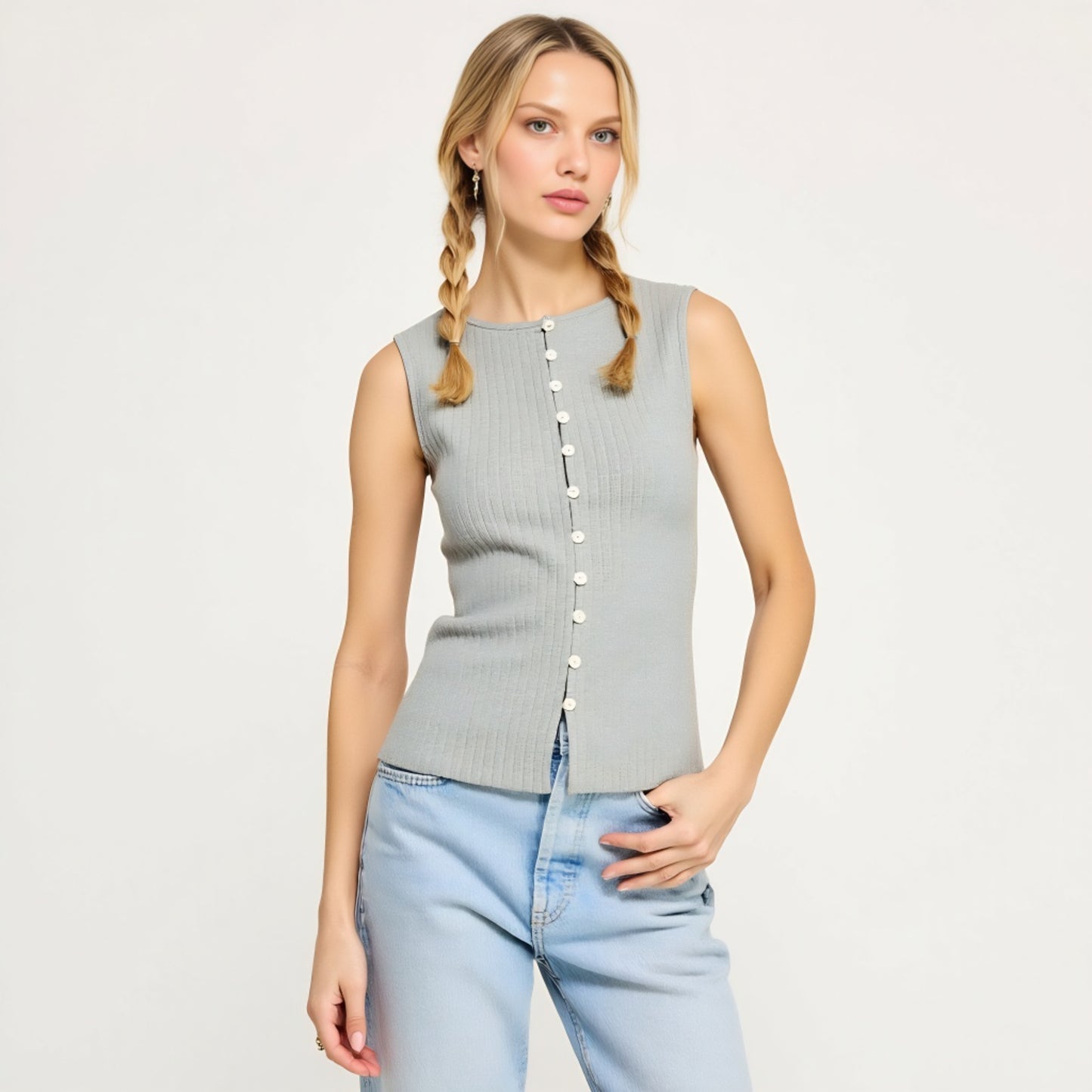 Sleeveless Ribbed Knit Top with Off-Center Button Front Detail