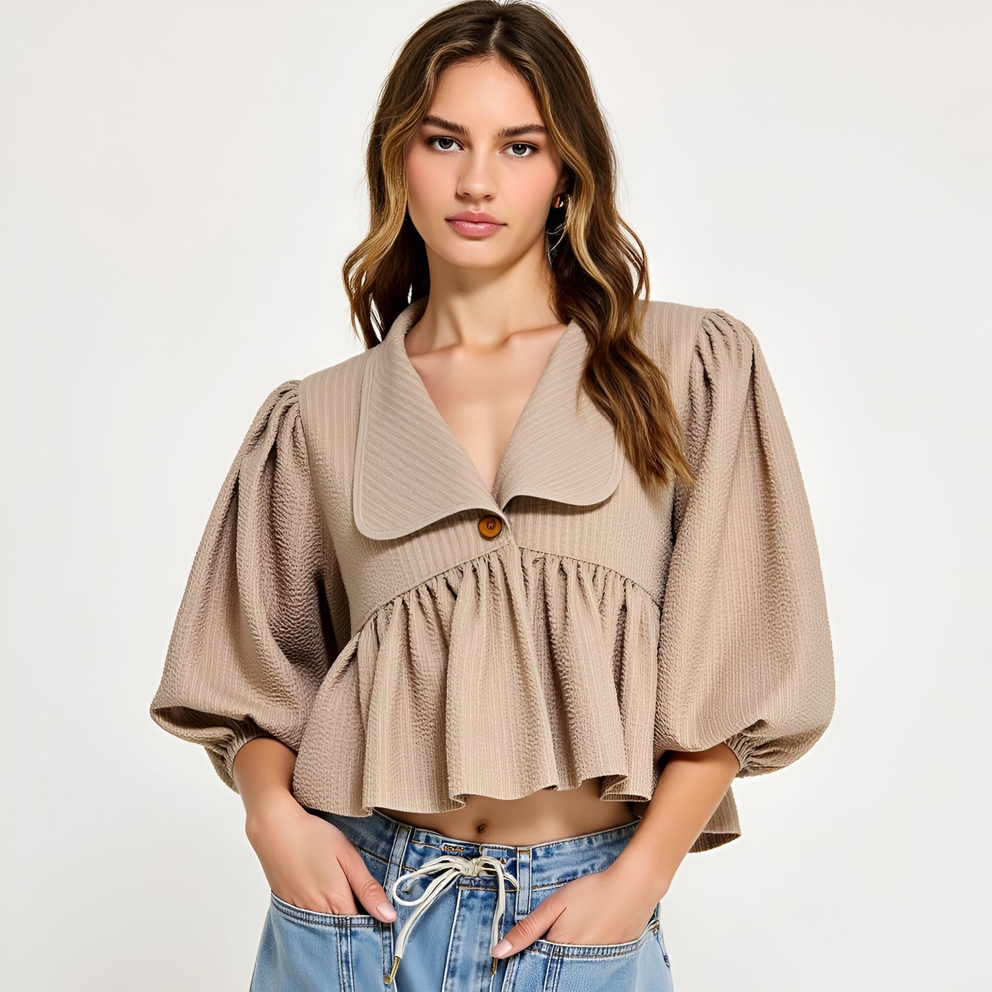 Textured Puff Sleeve Top with Wide Collar and Peplum Hem