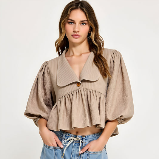 Textured Puff Sleeve Top with Wide Collar and Peplum Hem