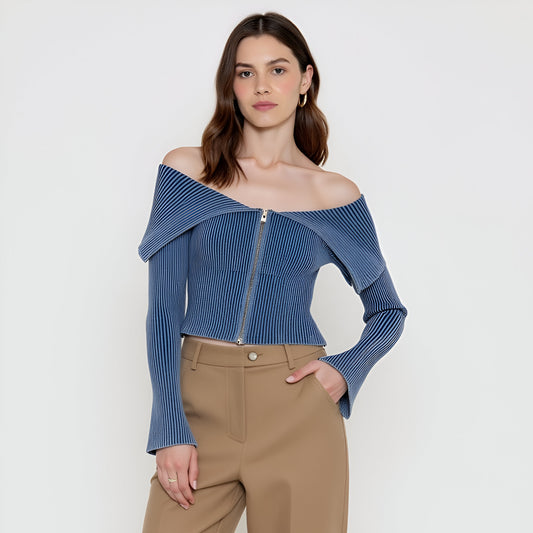 Off-Shoulder Ribbed Zip-Up Sweater with Wide Foldover Collar