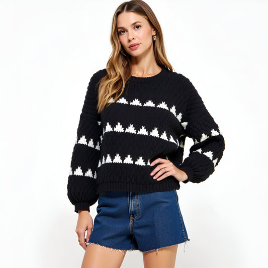 Chunky Jacquard Stripe Sweater with Bubble Sleeves and Crewneck Detail