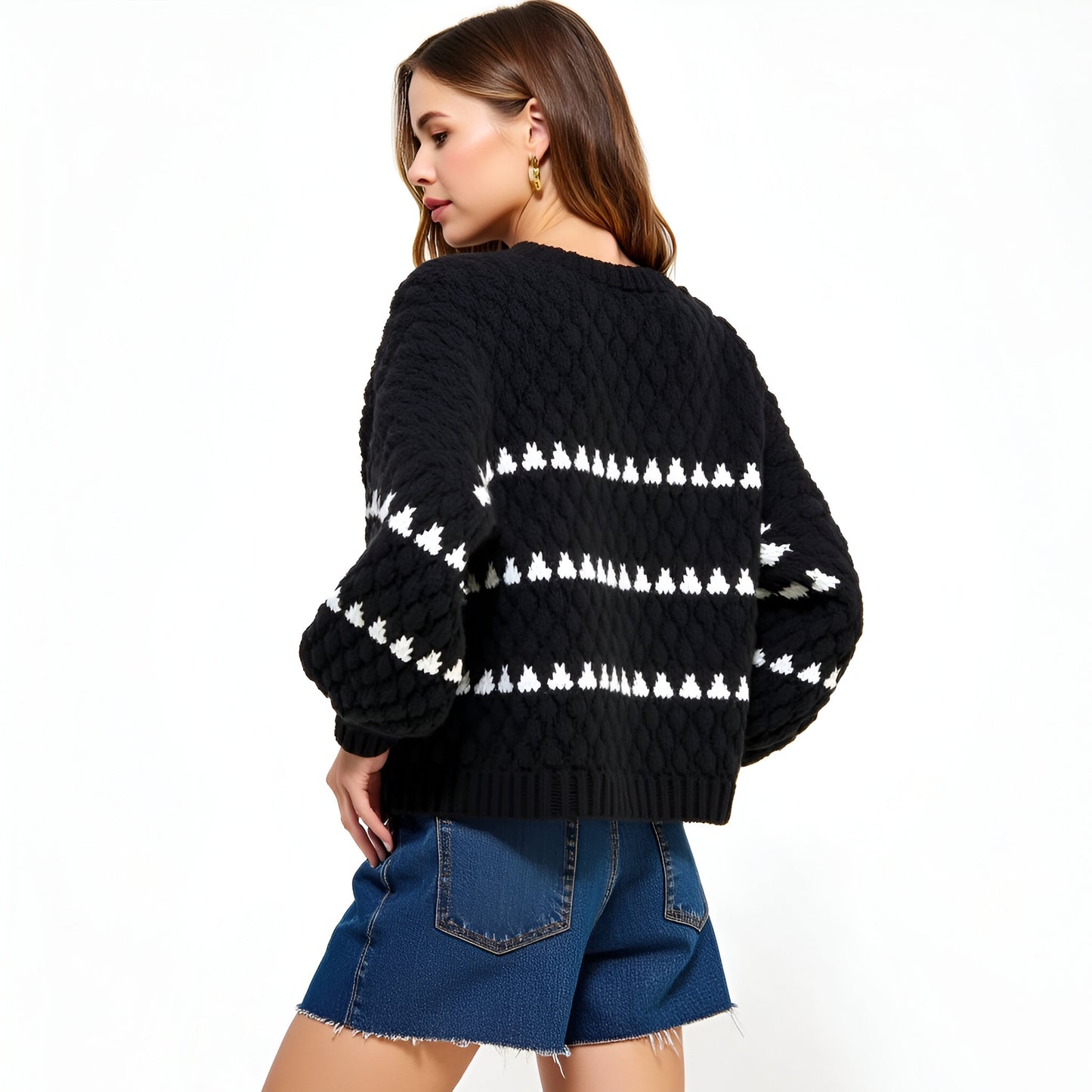 Chunky Jacquard Stripe Sweater with Bubble Sleeves and Crewneck Detail