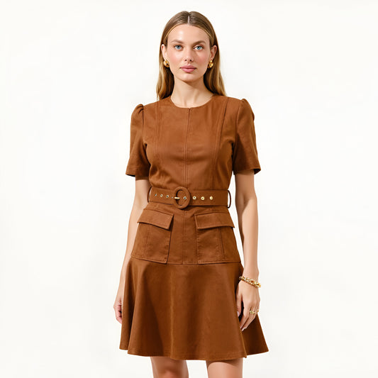 Short Sleeve Mini Dress with Belted Waist and Utility Pockets