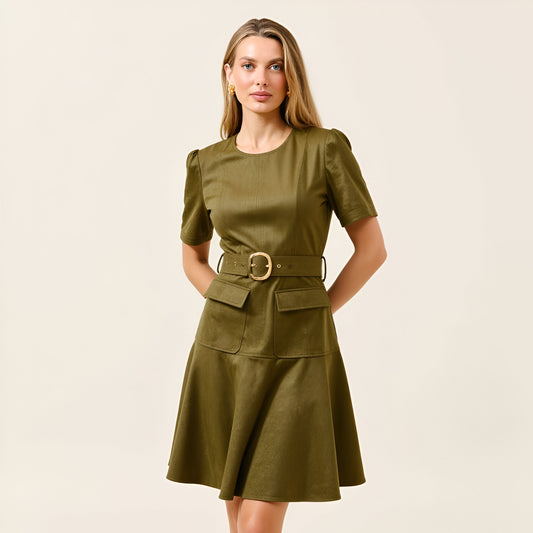 Short Sleeve Mini Dress with Belted Waist and Utility Pockets