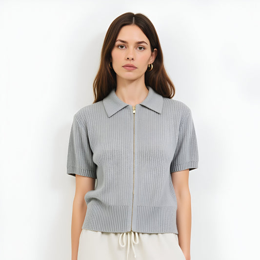 Short Sleeve Knit Cardigan with Zip Front, Ribbed Texture and Polo Collar