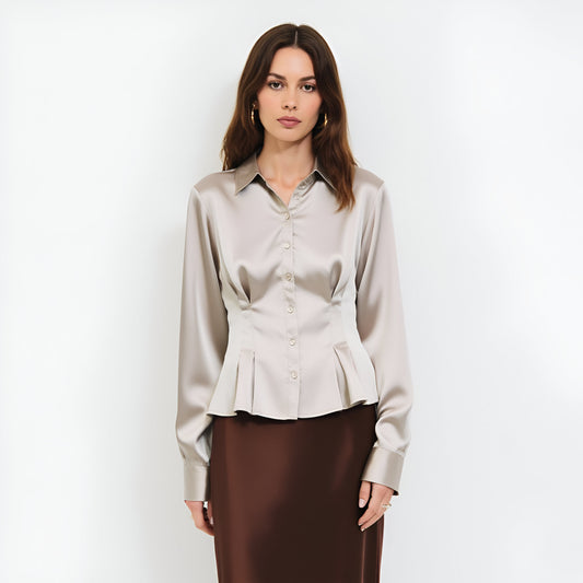 Satin Button-Up Blouse with Waist Pleats and Adjustable Back Tie
