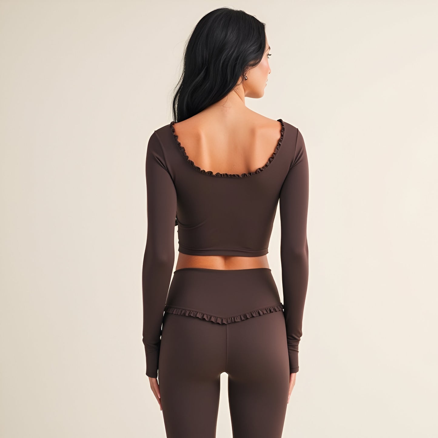 Long Sleeve Crop Top with Ruffle Trim Square Neck and Stretch Fit