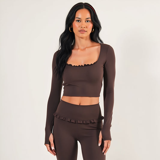Long Sleeve Crop Top with Ruffle Trim Square Neck and Stretch Fit
