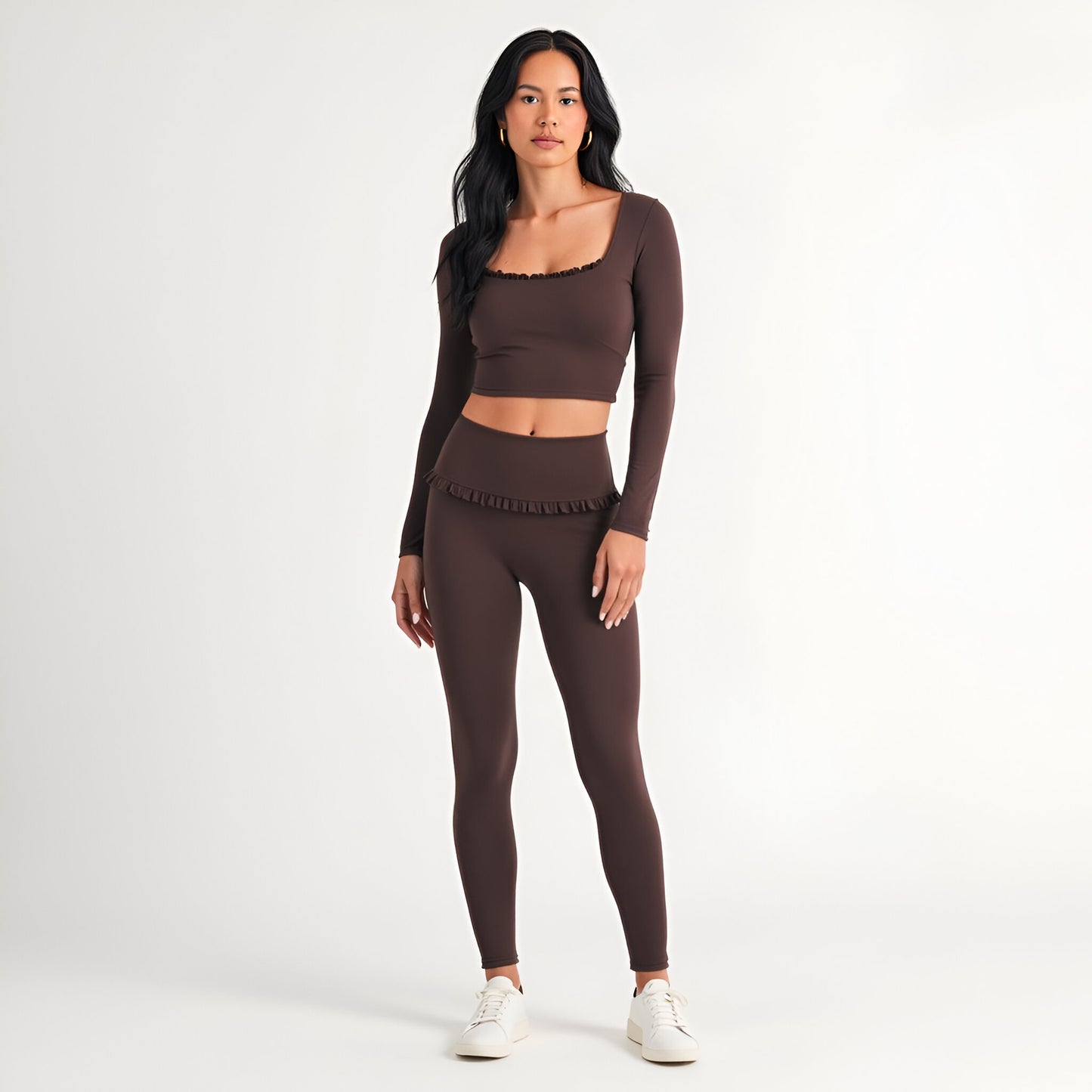 Long Sleeve Crop Top with Ruffle Trim Square Neck and Stretch Fit