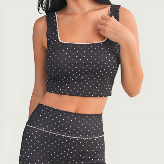 Square Neck Polka Dot Crop Top with Contrast Piping and Wide Straps