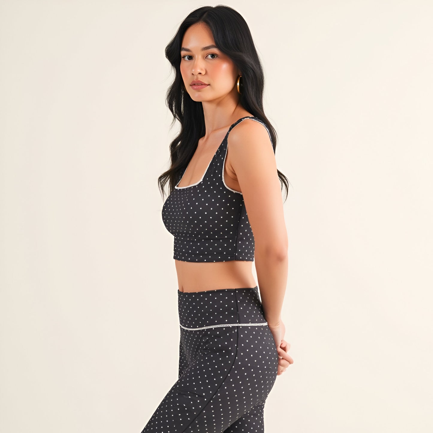 Square Neck Polka Dot Crop Top with Contrast Piping and Wide Straps