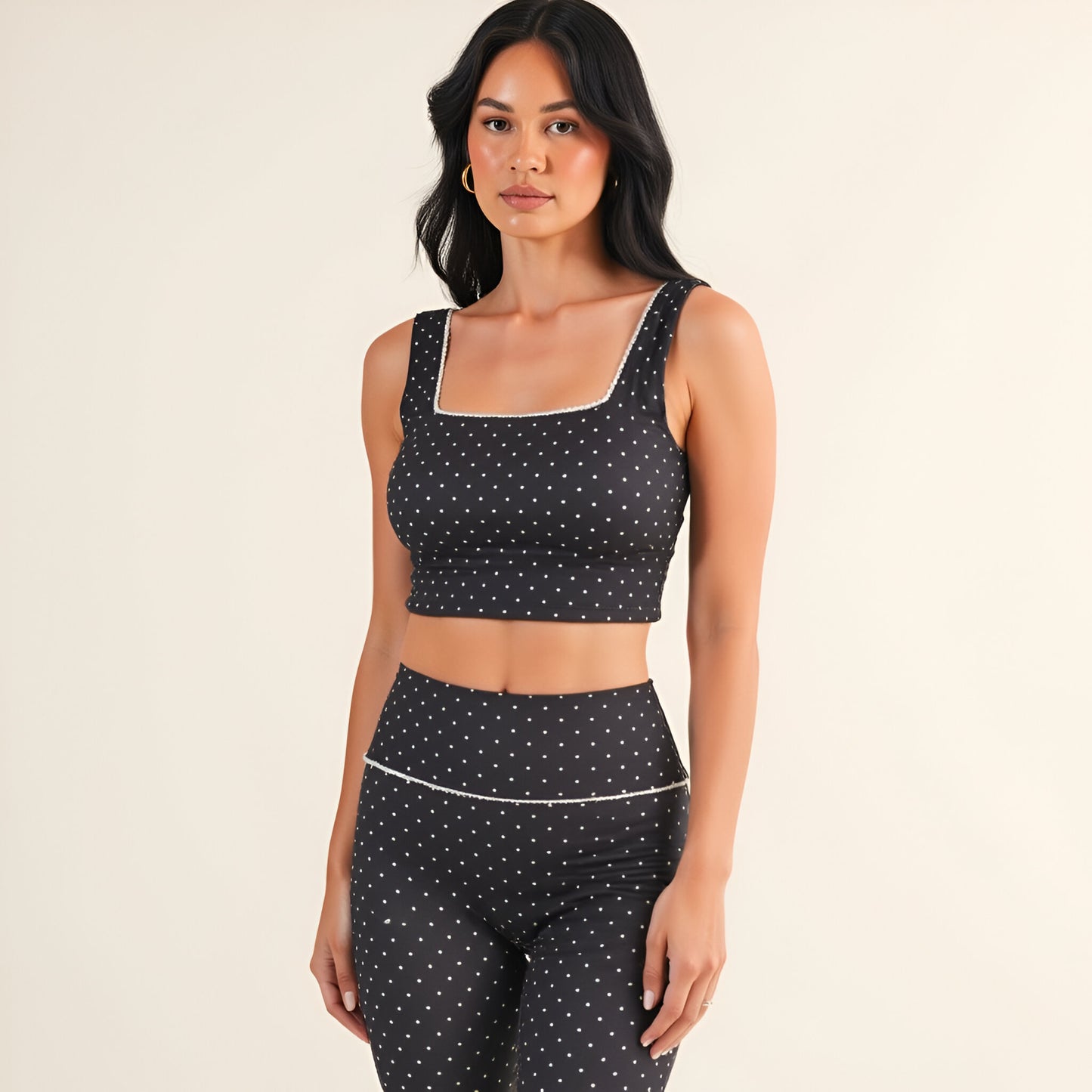 Square Neck Polka Dot Crop Top with Contrast Piping and Wide Straps