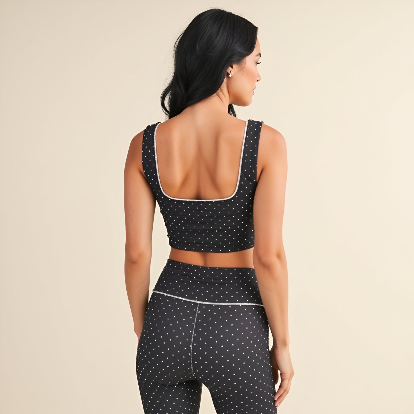 Square Neck Polka Dot Crop Top with Contrast Piping and Wide Straps