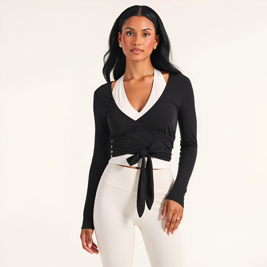 Wrap Front Long Sleeve Crop Top with Tie Waist Detail