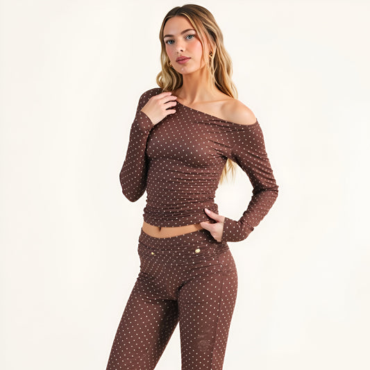 Asymmetric Off-Shoulder Ruched Top with Mini Polka Dot Print
