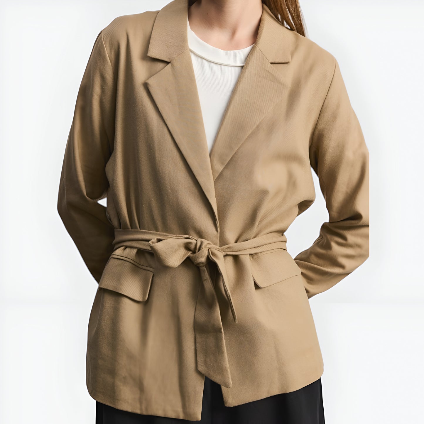 Tailored Belted Blazer with Notch Lapels and Flap Pockets