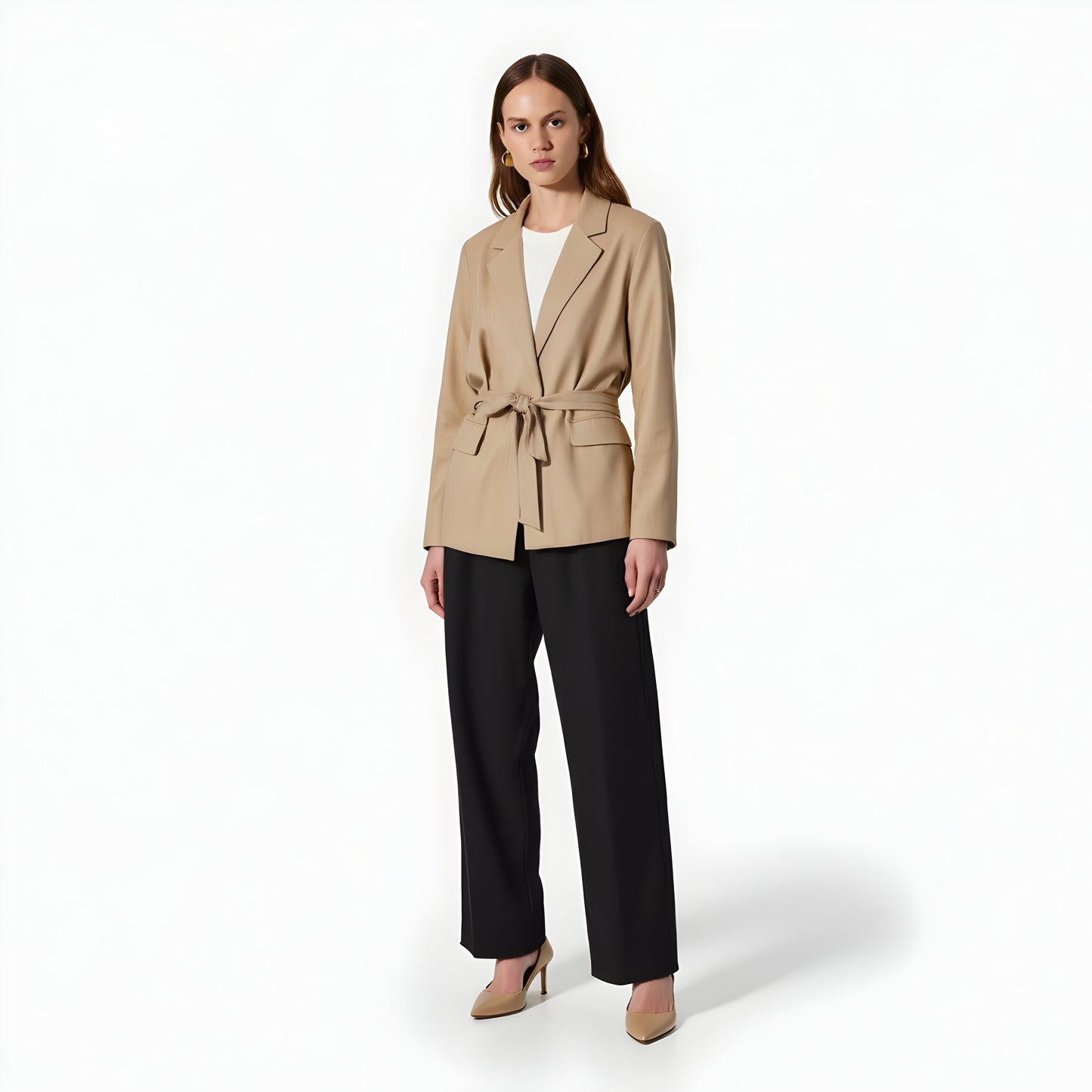 Tailored Belted Blazer with Notch Lapels and Flap Pockets