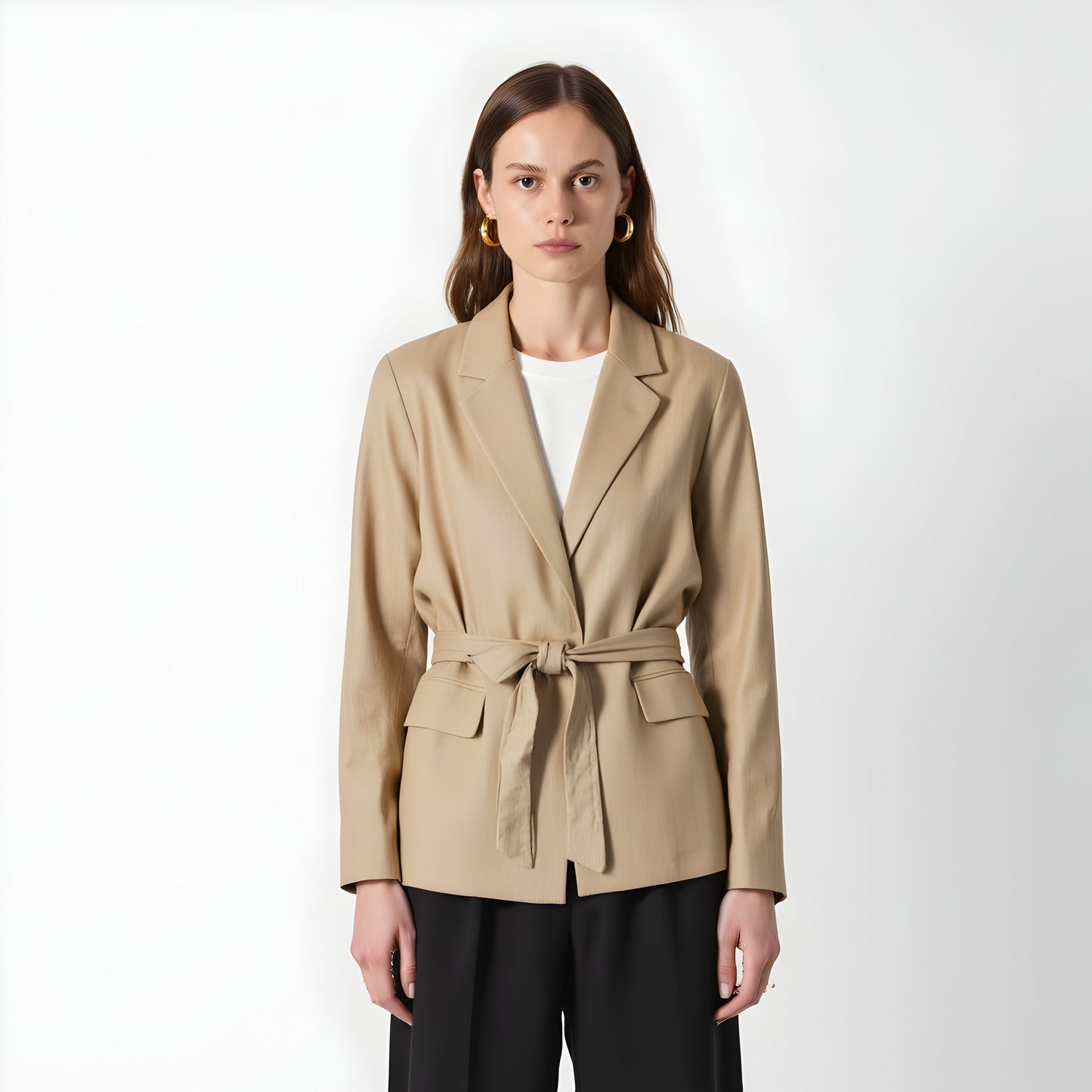 Tailored Belted Blazer with Notch Lapels and Flap Pockets