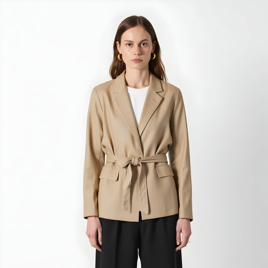 Tailored Belted Blazer with Notch Lapels and Flap Pockets