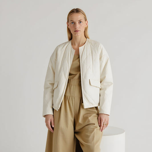Diamond Quilted Zip-Front Jacket with Flap Pockets and Clean Collarless Cut