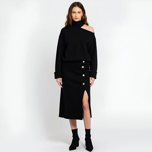 Asymmetric Turtleneck Pullover and Button-Front Slit Skirt Set