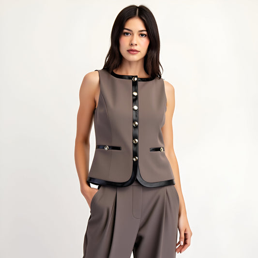 Sleeveless Tailored Top with Satin Trim and Decorative Buttons