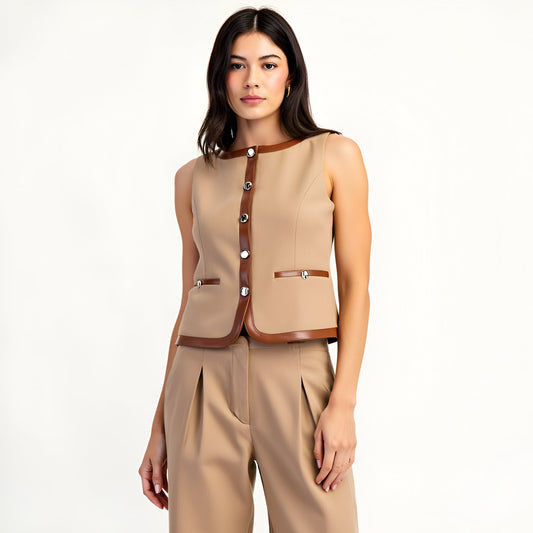 Sleeveless Tailored Top with Satin Trim and Decorative Buttons