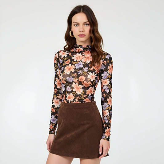 Sheer Floral Mesh Long Sleeve Top with Mock Neck and Fitted Design
