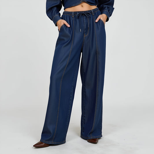 Wide-Leg Denim Pants with Elastic Drawstring Waist and Seam Detailing