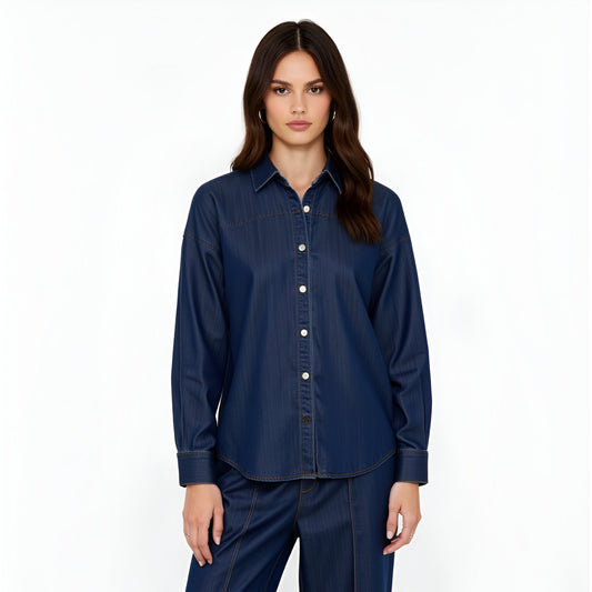 Classic Button-Up Denim Shirt with Contrast Stitching and Long Sleeves