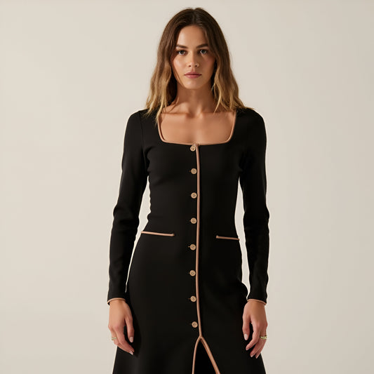 Ribbed Knit Midi Dress with Contrast Trim, Decorative Buttons and Front Slit