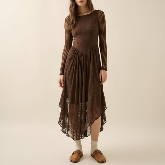 Lace Midi Dress with Boat Neckline, Drop Waist and Mixed Lace Panels