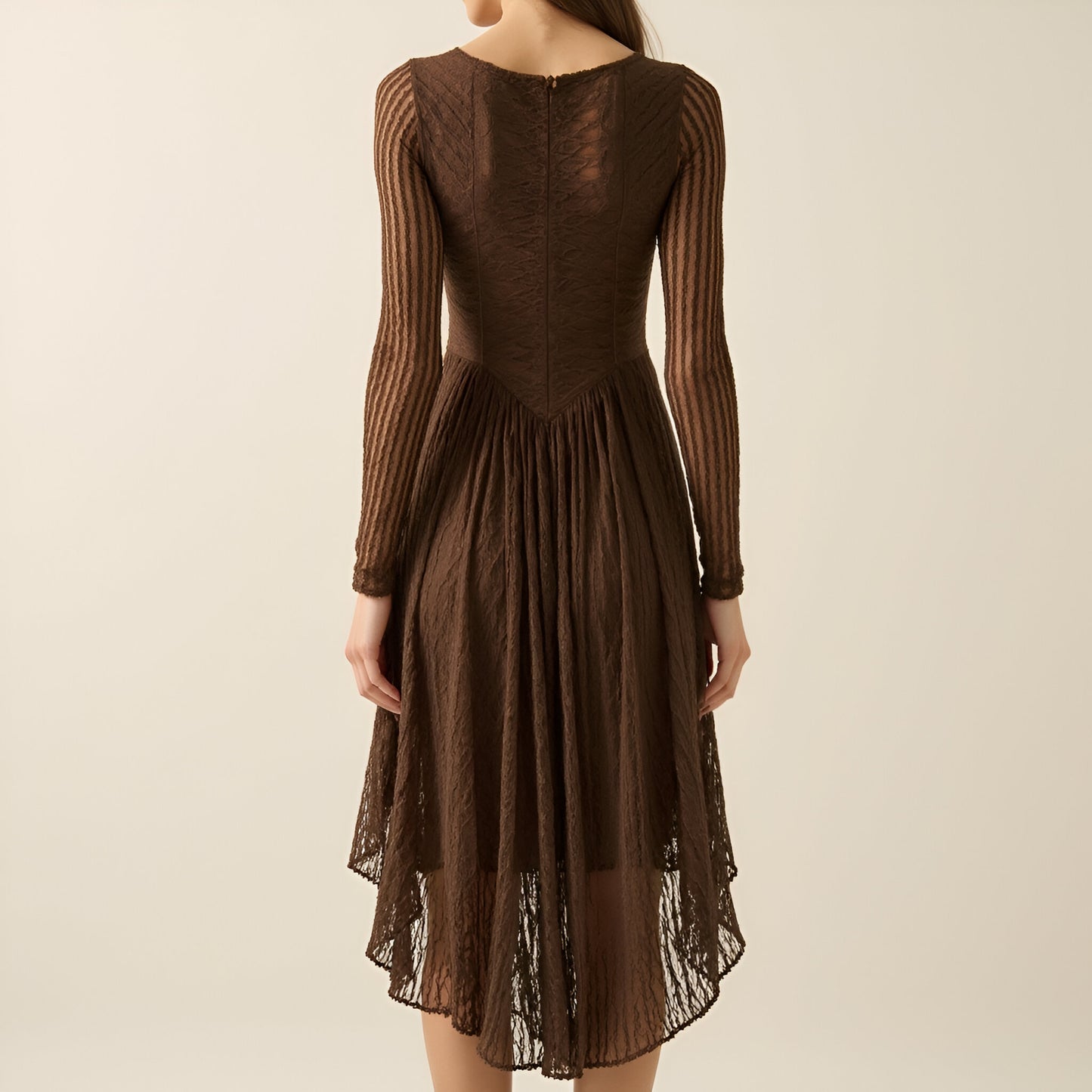 Lace Midi Dress with Boat Neckline, Drop Waist and Mixed Lace Panels