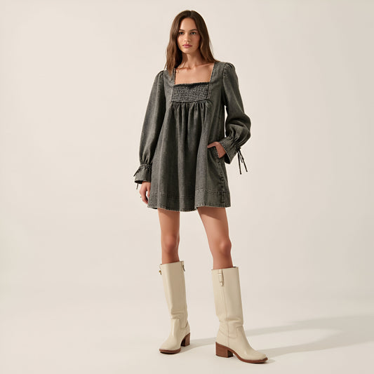 Solid Denim Mini Dress with Square Neckline, Smocked Bodice and Puff Sleeves
