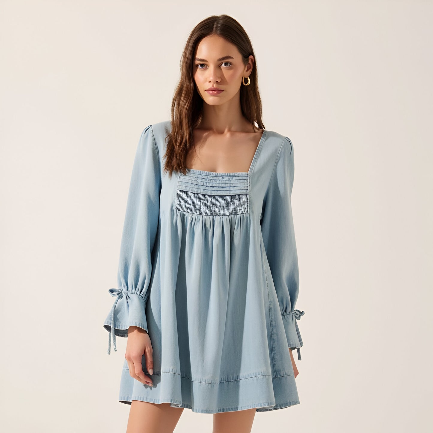 Solid Denim Mini Dress with Square Neckline, Smocked Bodice and Puff Sleeves