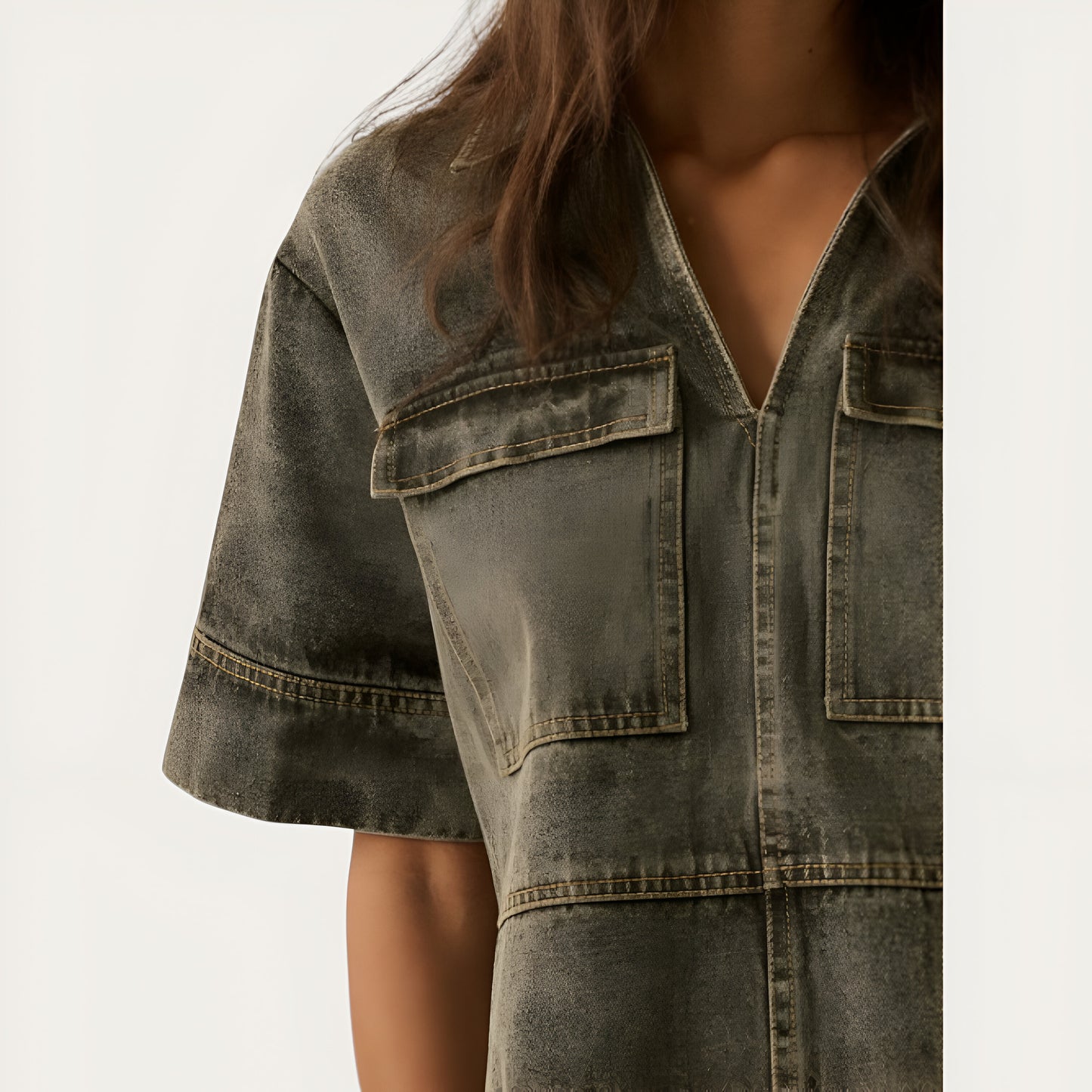 Solid Denim Mini Shirt Dress with Collared V-Neck, Short Sleeves and Chest Flap Pockets