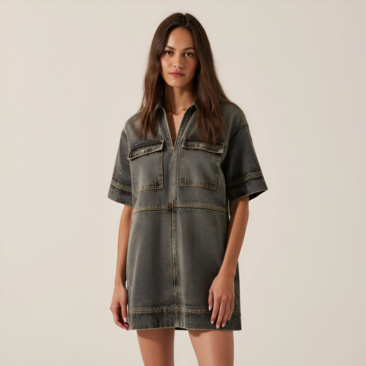 Solid Denim Mini Shirt Dress with Collared V-Neck, Short Sleeves and Chest Flap Pockets