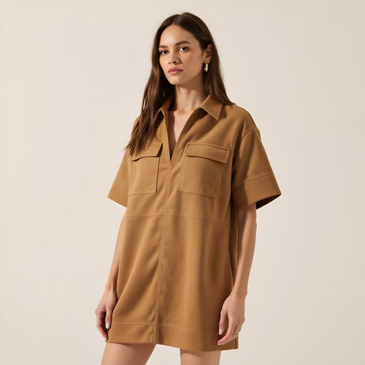 Faux Suede Mini Shirt Dress with Collared V-Neck, Short Sleeves and Chest Flap Pockets