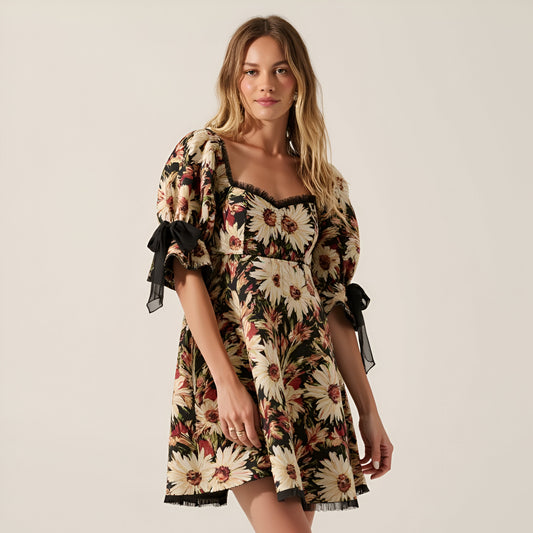 Floral Jacquard Mini Dress with Chiffon Ruffle Trim, Puff Sleeves and Bow Accents