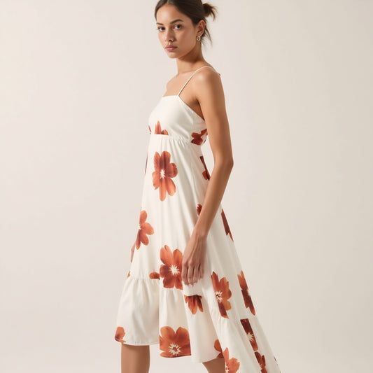 Strappy High Low Dress with Watercolor Floral Print and Smocked Back