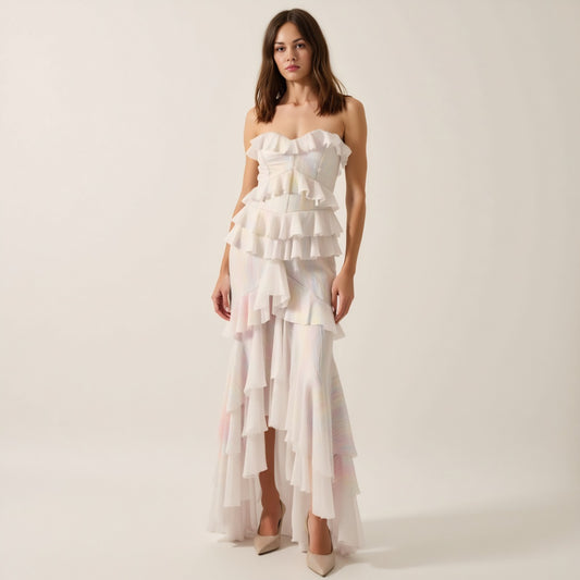Strapless Raw Edge Tiered Ruffle Maxi Dress with Flowing Silhouette