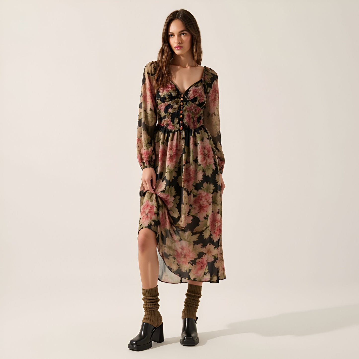 Floral-Print Wrinkle Texture Midi Dress with Smocked Bodice and Puff Sleeves