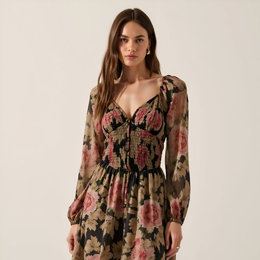 Floral-Print Wrinkle Texture Midi Dress with Smocked Bodice and Puff Sleeves