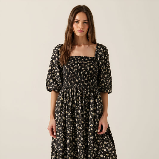 Floral Print Woven Midi Dress with Smocked Bodice, Puff Sleeves and Tiered Ruffle Skirt
